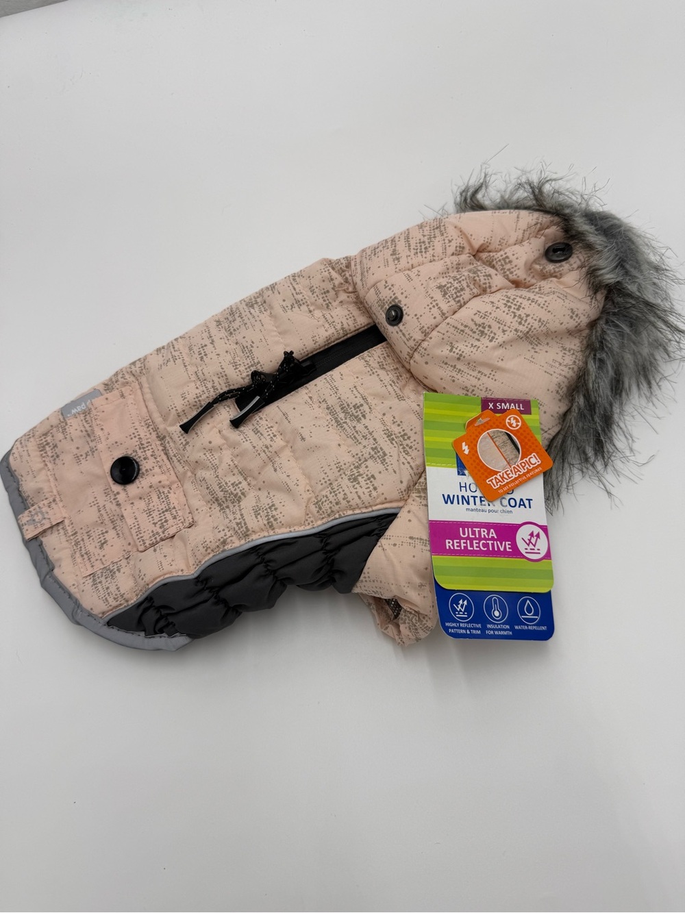NWT XS Dog Winter Coat Ultra Reflective Water Resistant Faux Fur Hood Pink